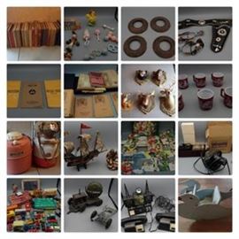 #18: 45 record player & records
#19: Vintage Education Books
#20: Vintage Baby Toys
#22: Red Rider Spurs w/Alan Ladd Cap w/holster
#23: Office of Civilian Defense First aid Handbook & Fallout Protection Booklet
#24: Large Grouping of International Correspondence School Manuals
#25: Ornamental Resin Small Animal Heads
#26: Hazel Atlas Native American Mugs
#27: Mess Kit & Thermos & Therm-a-jug
#28: Wooden Ship Model & Pirate Bank
#29: Jolly Youngsters Vintage Christmas Cards in box
#30: View master w/case disc & Jr Projector
#31: Assorted Vintage Toys
#32: Tractor, US Army Spotlight & Cannon Vintage Toys
#33: Remco Radio Station & Pair of Tele Comm Toy Phones
#34: Sit in Rocking Bird