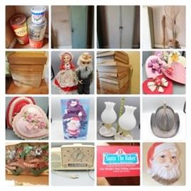 #35: Pretzel Tins
#36: Vintage Soda Crates, A-treat, Orange Crush
#37: Vintage Green Metal Locker/Shelf
#38: 2 Door Metal Cabinet
#39: Vintage Fishing Equipment w/minnow bucket
#40: Large Window Candles
#41: Vintage Farmer Santa & Mrs. Claus
#42: Vintage Heart Shaped Candy Box's some Josh Early mostly 2lbs
#43: Vintage Heart Shaped Candy Box's some Josh Early mostly 1lbs
#44: Vintage Heart Shaped Candy Box's some Josh Early very large
#45: Walking Santa Clause
#46: Pair of Milk Glass Lamps
#47: Antique Cairns & Bro Ventilated Hat Fireman's Hat Pat 1882 w/eagle
#48: wooden Season Greetings
#49: Vintage General Electric Lighted Dial Alarm Clock
#50: Styrofoam Santa Face