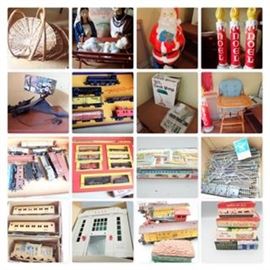 51: Blo-Mold Nativity Set Plus Camel
#52: Telco Santa the Baker Motion-ettes
#53: Baskets
#54: Plaid Ch Hammock
#55: Blo-Mold Santa
#56: Noel Candles Some Damage very fragile
#57: Desk Lamp w/no shade & Sharp adding machine
#58: Vintage Wooden High *not for actual children
#59: Driftwood Lamp
#60: Fleischmann Made in West Germany HO Train Set Includes Engine 1340
#61: HO Cars & Engine Some Fleischmann Rivarossi Como - Italia 1051
#62: Fleischmann OH in Boxes; Cars, Tracks & Engine
#63: HO Scale Buildings incl Plasticville, Suydam
s #64: HO Model Railroad Power Supply Cab Master Scintilla plus track & Switches
#65: Lionel General Train Set 1800