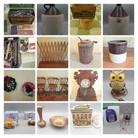 #108: 5 Gallon Crock
#109: 2 gal with a heart brown & Cream Stoneware jug
#110: Unmarked Stoneware Jugs
#111: Lehigh Valley Dairy Crate & Unmarked round wooden Crate
#112: Vintage Tool Box & Tools
#113: Crate of Tools
#114: Vintage Metal Container with Glass Container in said reads Queen
#115: Crock 5 gal size
#116: Accordian Wooden Gate
#117: Christmas Wall Hangings
#118: 3 Swivel Bar Stools
#119: Black Forest Style Mantel Clock: Untested
#120: Owl Lamp
#121: Hershey Miniatures Delivery & Milk Cart
#122: India Brass Bowl & Vase
#123: Lefton Lighted General Store
#124: Dept 56 Band Stand w/box