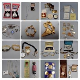 #157: 2 pewter necklaces with Americana Theme
#158: Jewelry 1 chain marked gold plate
#159: Vintage Makeup Grouping
#160: Reed & Barton Damascene 24kt Gold Vermeil, Silver & Burnished Copper on Bronze
#161: Sterling & Silver Tone Grouping
#162: Pin Grouping
#163: Gold Tone Bracelets
#164: Hunt's Scene Pocket Watch & Achievement Vintage Pocket Watch w/ Locket
#165: Mexican & Native American Jewelry Grouping
#166: Women's Watch Grouping
#167: Sambo the Gloom Killer Fishing Lure w/box Adult Only Listing
#168: 1976 Commemorative Specimens
#169: Cameo Style Jewelry Grouping