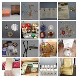 #170: Men's Watch Grouping
#171: Lucite & Plastic Jewelry Grouping
#172: Jewelry Boxes
#173: Vintage Jewelry Incl Sara Coventry
#174: Floral Jewelry
#175: Order of the Star and Mason Grouping
#176: Grouping Lincoln-Kennedy Penny
#177: 50th Anniversary Commemorative Medal Grand Canyon
#178: Antique Glasses, Necklace & Reserve Cameo
#179: Religious Pendants & Token
#180: Metal Mechanical Ferris Wheel Kept in Box
#181: Christmas Ornaments Glass, some easter seals & campbell soups
#182: Star Bell Revolving Tree Holder
#183: Christmas Balls & Garland
#184: Pollenex Compact Whirlpool Bath
#185: Cups
#186: Vintage Mustard Colored Electric Chair