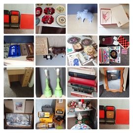 #187: Vintage Card Table w/chairs
#188: Sewing Machine Desk
#189: Lamps
#190: Plates
#191: Bibles & Other Religous Books
#192: Metal Elephant
#193: Books
#194: Vintage Bank Bags
#195: Bull Decanter
#196: Home decor
#197: Vintage Games
#198: Wooden Mirror
#199: Wall Hanging
#200: Vintage Film Grouping
#201: Large Christmas Grouping