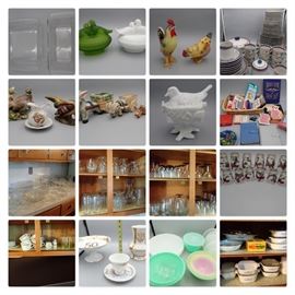 202: Pr of Chickens
#203: Pr of Chickens
#204: Salem Stoneware Dishes & Servers Floral Pattern
#205: Glass frosted Bakeware Possible Princess House
#206: Doves on Nest both Westmoreland
#207: Pheasant Grouping
#208: Westmoreland Dove in Nest
#209: Donkey & Cart Planters 1 made in Occupy Japan
#210: Marbles & Cards
#211: Large Grouping of Pressed & Cut Glass
#212: Etched Glassware
#213: Blue Stemmed Glasses
#214: Bird Hunt Scene Glass & Shot Set
#215: Correlle Dishes