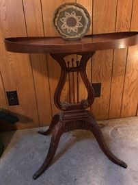 Lyre Base 1930’s Oval Top Lamp Table (28”w x 26”h x 18”d)  120