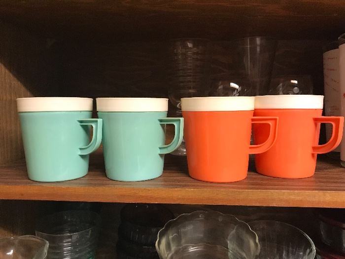 1950’s Aqua & Coral Orange Plastic Mugs  3 (each)