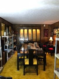 LIKE NEW CENTURY ASIAN STYLE BANQUET TABLE WITH 10 LAQUERED CHAIRS, DREXEL CHINA CABINET, LENOX CHINA SET, LENOX CRYSTAL STEMWARE, ORIENTAL SNUFF BOTTLE COLLECTION, CARVED IVORY PIECES, 