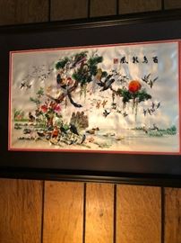 FRAMED SILK ART, SEVERAL FRAMED ART PIECES, FRAMED FANS,