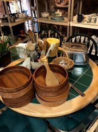 BEAUTIFUL TURNED WOOD BOWLS< VINTAGE SQUARE CAKE CARRIER, STUFF STUFF STUFF EVERYWHERE  QUILTS, VINTAGE APRONS, TONS OF TABLE LINENS