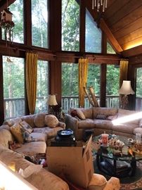 Custom sofa, coffee table with ornate wood