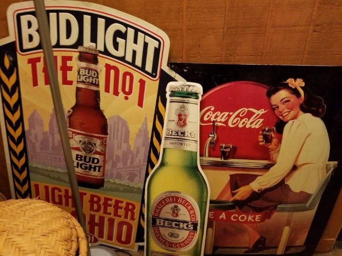 Bud Light, Becks & Coca Cola signs