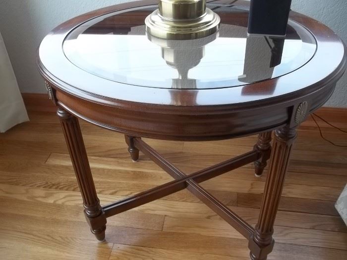 pair of glass top and wood end tables