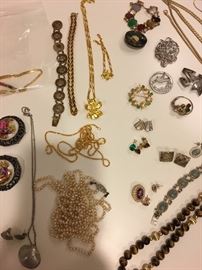Pearls, scarabs, Mexican silver, porcelain shoe buckles...