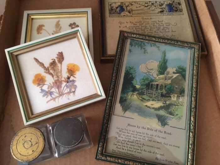 Various framed antique dried flowers and illustrated poems. Pair of ink wells.