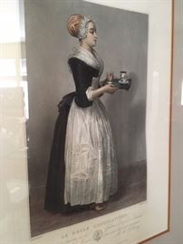 Framed antique color lithograph, "La Belle Chocolatiere", 18"x22"