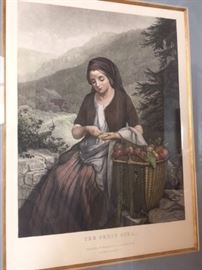 Framed antique color lithograph, "The Fruit Girl", 18"x22"