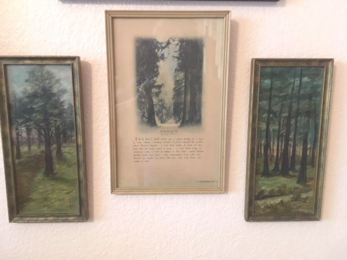 Pair of small original paintings of trees in frames and a framed antique lithographed poem about Trees