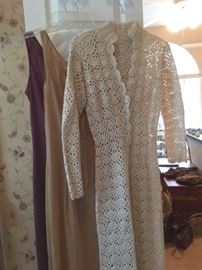 Crocheted full length dress in ivory with two different colors of full length slips to wear beneath.