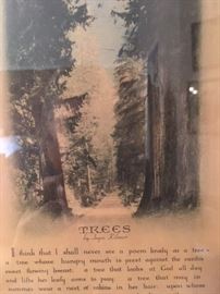 Detail of framed antique lithographed poem about Trees