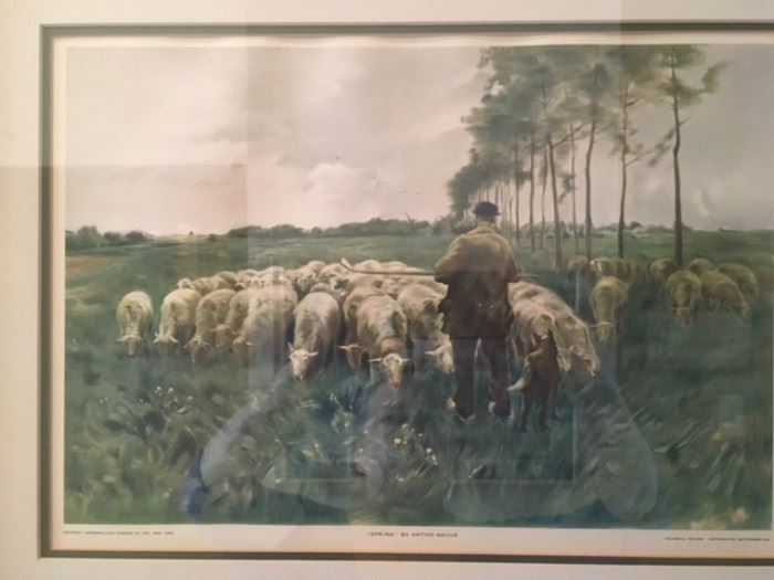 Framed color lithograph print of shepherd with his flock, 18"x20"