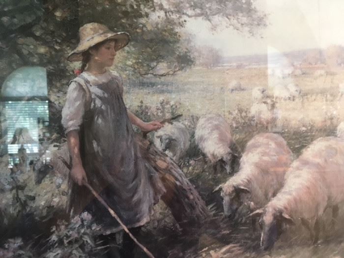 Framed color lithograph of shepherdess with her flock, 22"x30"