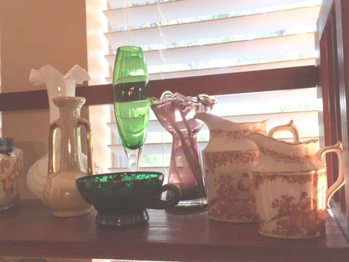 Antique porcelain,  amethyst ribbon glass vase, green glass