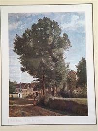 Framed color lithograph print, 22"x28", signed and titled by J.B.C. Corot "Entree du village"