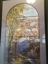 Modern framed color giclee 'window view' print of  leaded glass Tiffany-style, 20"x44" 