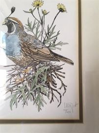 Artist signature on framed numbered print, 13"x16", signed and numbered #22/600 by Larry Eifert, Ferndale, CA, entitled California Quail.