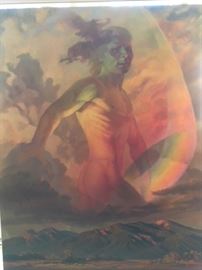 Framed original on canvas of Native American "Rainbow Man" by 19thC artist and Houston native Barry Tinkler, c.1975, 22"x28" canvas, plus frame