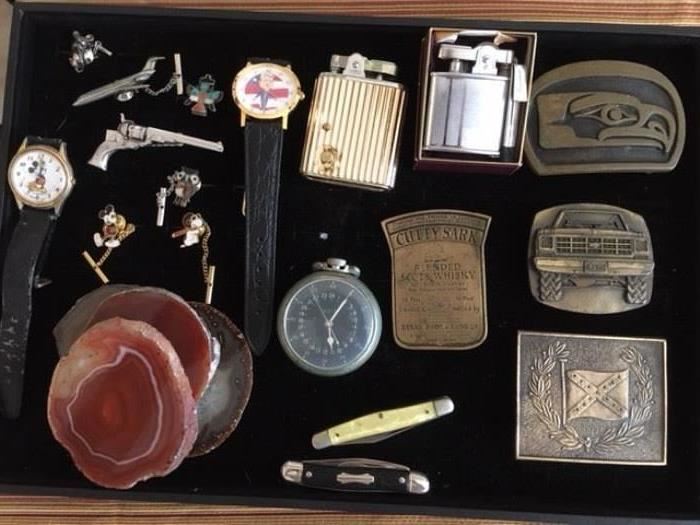 Various mens accessories, including a WWII era 24-hour military pocket watch by Hamilton