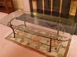 Coffee Table - Beveled Glass & Brass 54"Lx26"Wx16"H, Oriental Table Rug