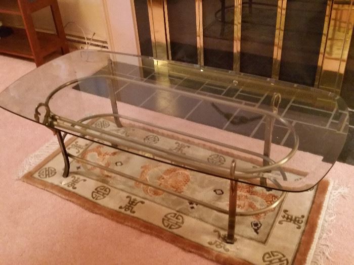 Coffee Table - Beveled Glass & Brass 54"Lx26"Wx16"H, Oriental Table Rug