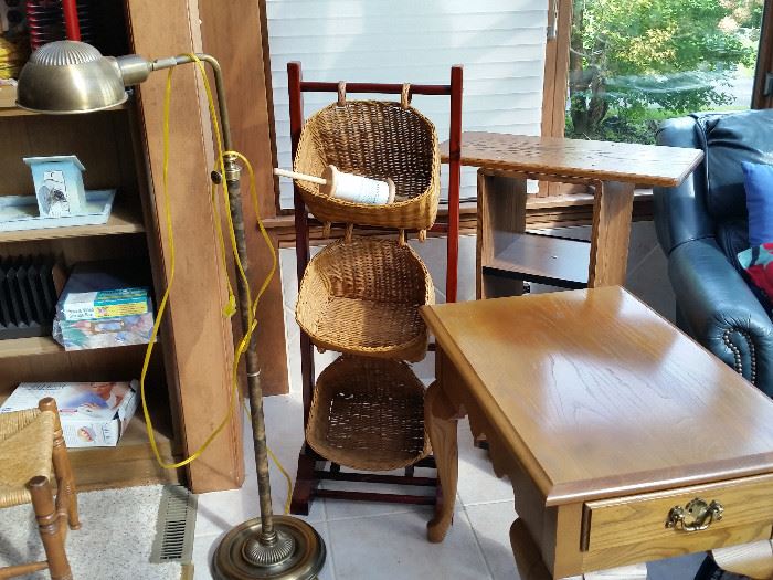 Brass Lamp, Wicker Magazine Rack, Wood Swivel TV Table, More Nice End Tables