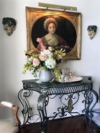One of a pair of wrought iron and marble console tables, with 1910 Germany tea service and tray; 17th c. Bolognese school oil on canvas, Giovanni Andrea Sirani.