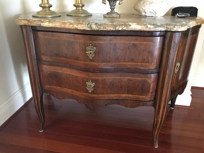 Louis XV rosewood and inlay console chest with marble top. Original keys, two drawers and two doors, cabriole legs. ca 1750.