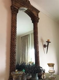 Tall hall mirror, carved 'pineapple' leaf columns with romanesque cornice frame