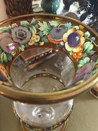 Czech Bohemian handpainted glass hurricanes/vases (pair)