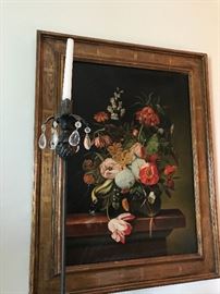 20th c. oil after Dutch master still life shown with single stiletto wrought iron candle stick