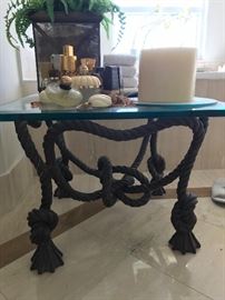 Heavy wrought iron rope and tassel table with glass