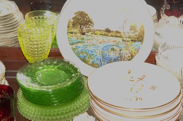 Dishes, Green Depression Glass and White w/gold trim, photo under exposed