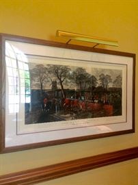 Large framed engraving by W. Summer, painted by John Sturgess, “Fox- hunting, Plate 4. The End Of A Good Run” 
4’10” x 3’ 