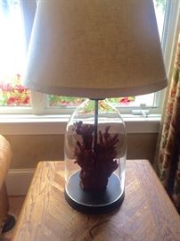 Pair of cloche (glass domed) & red coral lamps