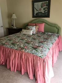 King size upholstered headboard,  custom made bedspread & pillows (“SOLD”), Simmons king size mattress & boxspring 