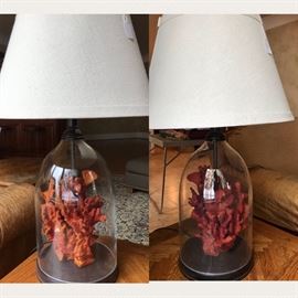 Coral under glass dome, pair of lamps 