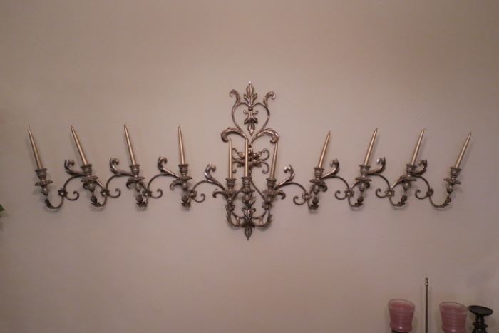Vtg Hollywood Regency metal wall sconce.  Approx. 6 ft wide.