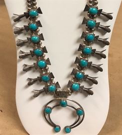 Vintage Sterling and Turquoise Squash Blossom with Matching Earrings