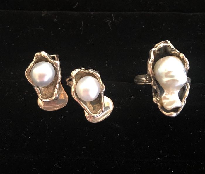 Incredible Vintage Christian Dior Sterling and Pearl Ring and Earrings
