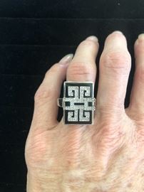 Vintage Sterling Onyx and Diamond Ring. A lovely, large look.