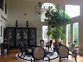 Large Asian Black Laquered with Mother-of-Pearl and Abalone Inlay 3-Piece Storage Cabinet/Chest/Armoire. Birds and Flower scene. 4 drawers, shelves and hanging bars. Height: 79 x Width 104.5 x Depth 26.5 inches. In excellent condition.